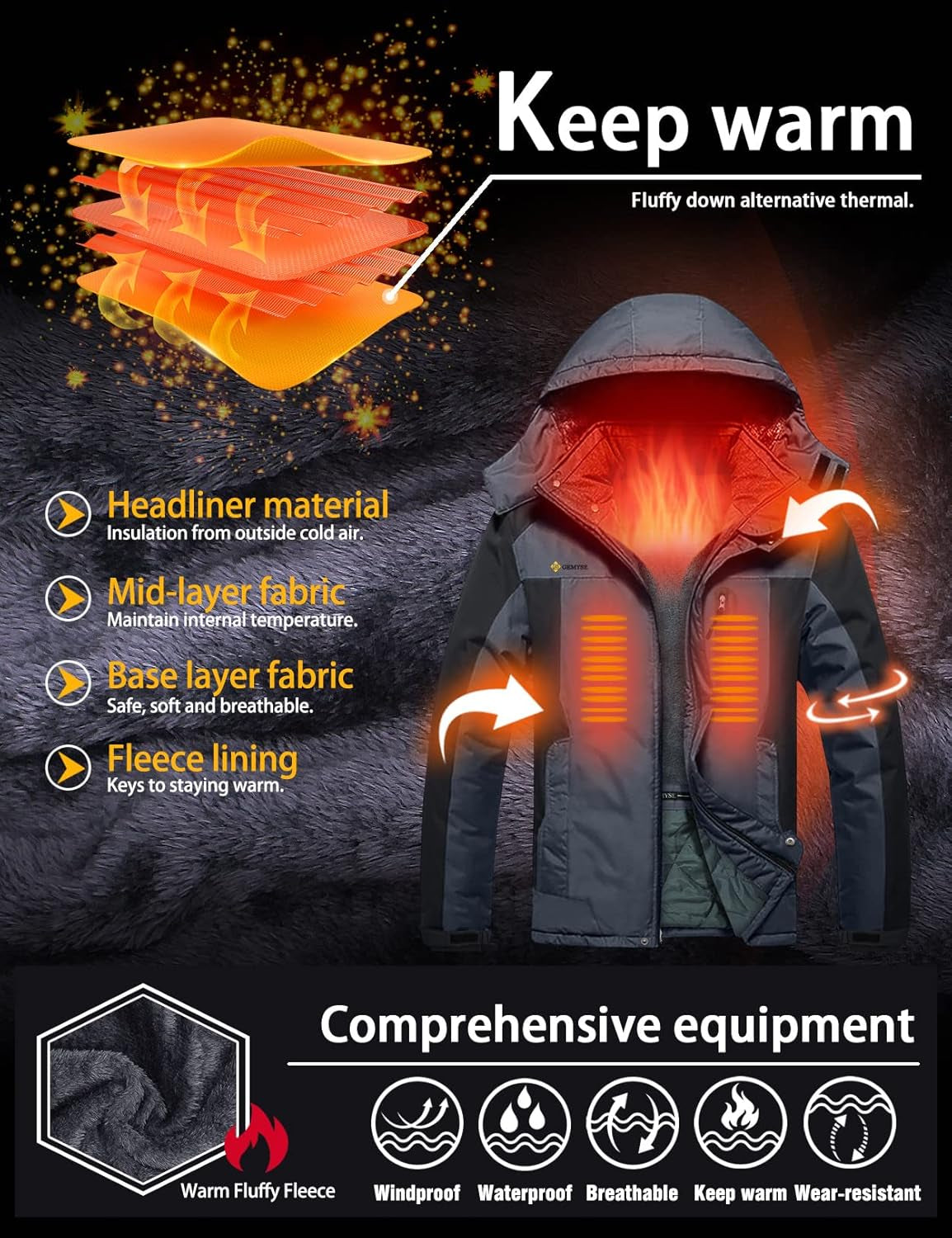 Men'S Mountain Waterproof Ski Snow Jacket Winter Windproof Rain Jacket