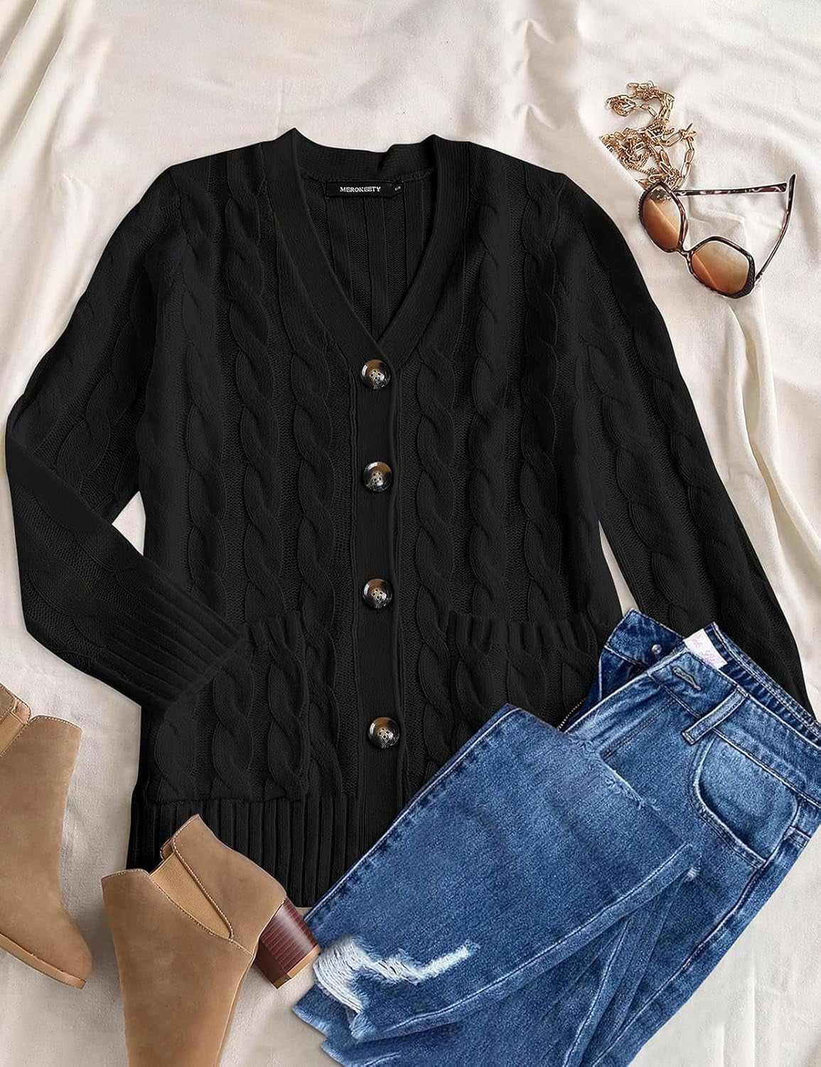 Women'S Long Sleeve Cable Knit Sweater Open Front Cardigan Button Loose Outerwear